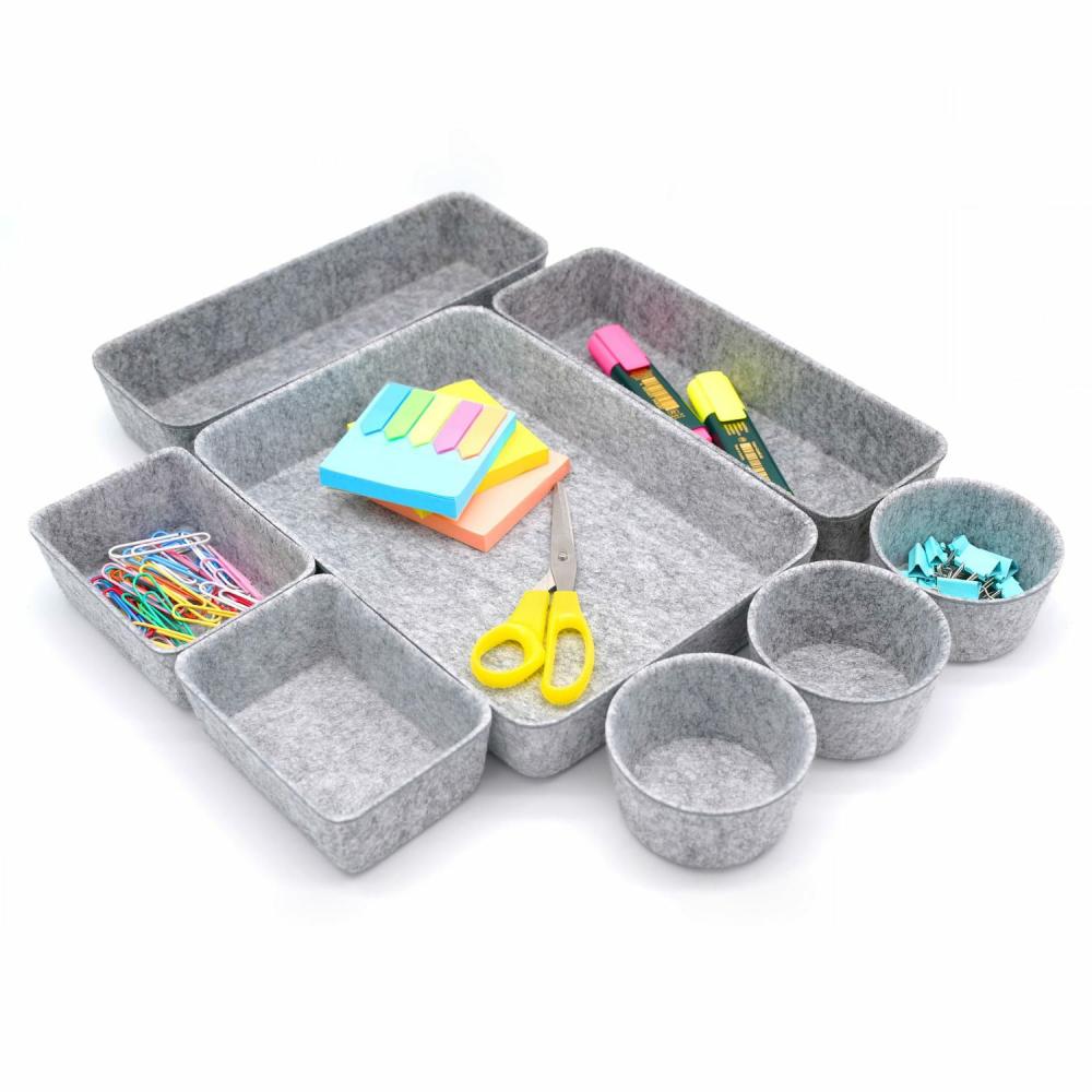 Office Organization and Storage |  8 Piece Felt Round Cups & Trays Drawer Organizer Set Gray Office Organization & Storage Gray