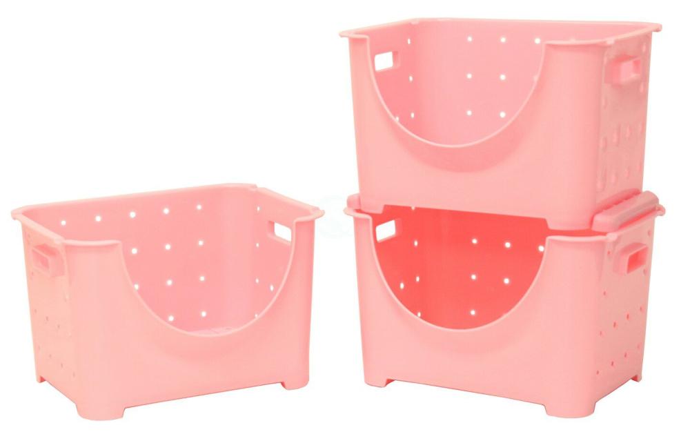 Plastic Storage Bins & Totes |  Stackable Plastic Storage Container Pink Set Of 3 Plastic Storage Bins & Totes Pink Set Of 3