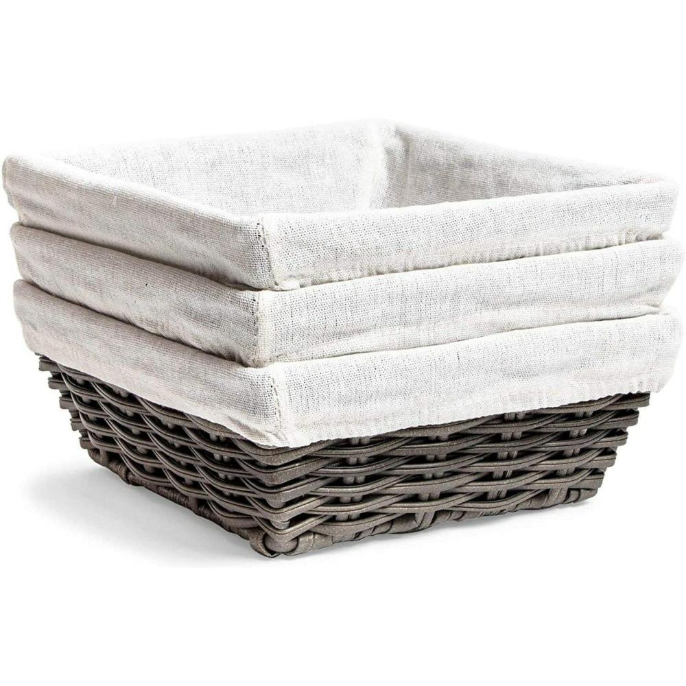 Storage Baskets & Boxes |  3-Pack 9 inch Square Wicker Storage Baskets with Liners – Small Woven Bins for Organizing Kitchen, Closet Shelves, Bathroom, Laundry Grey Storage Grey